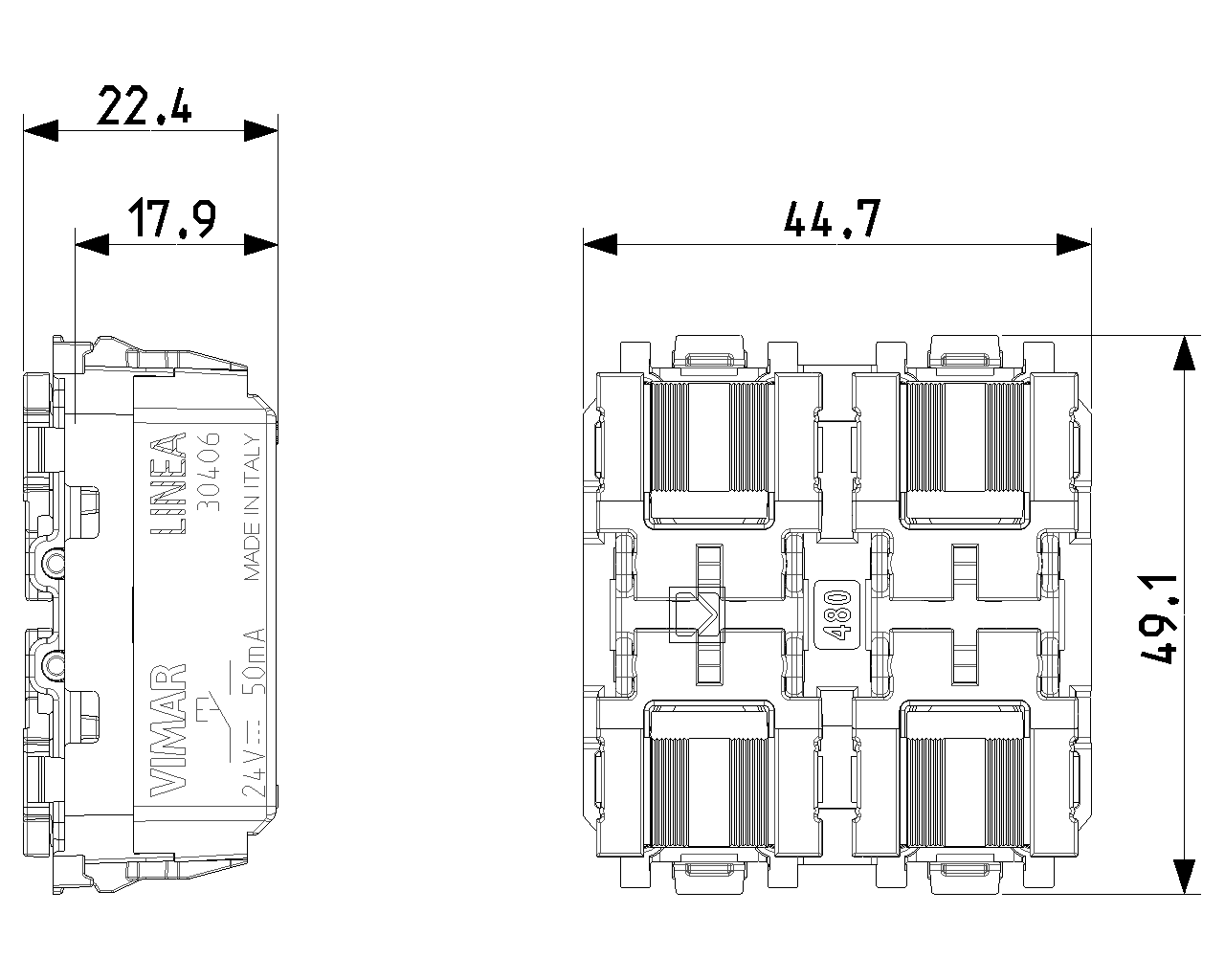 Comando 4 pulsanti 1P NO 24V 2 moduli illuminabile Vimar Linea bianco-nero-canapa 30406