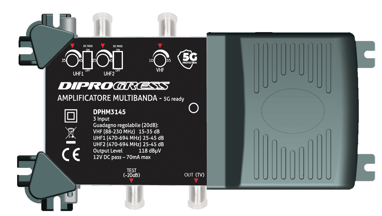 Centralini Amplificatori TV Multibanda 5G per impianti centralizzati 2 ingressi UHF+1 ingresso VHF guadagno 45dB