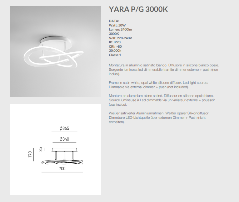 GEALUCE Plafoniera montatura in alluminio satinato bianco. Diffusore in silicone bianco opale. LED YARA