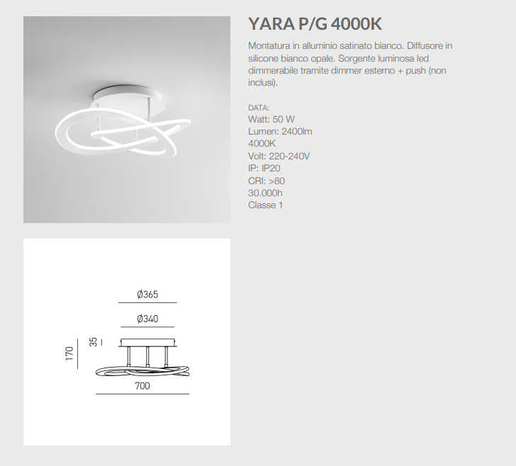 GEALUCE Plafoniera montatura in alluminio satinato bianco. Diffusore in silicone bianco opale. LED YARA