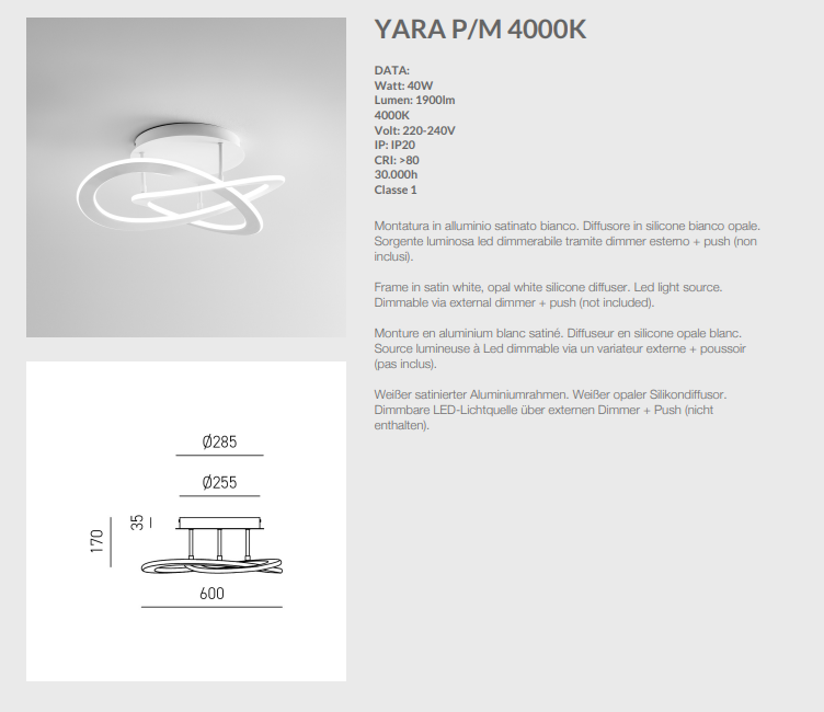 GEALUCE Plafoniera montatura in alluminio satinato bianco. Diffusore in silicone bianco opale. LED YARA