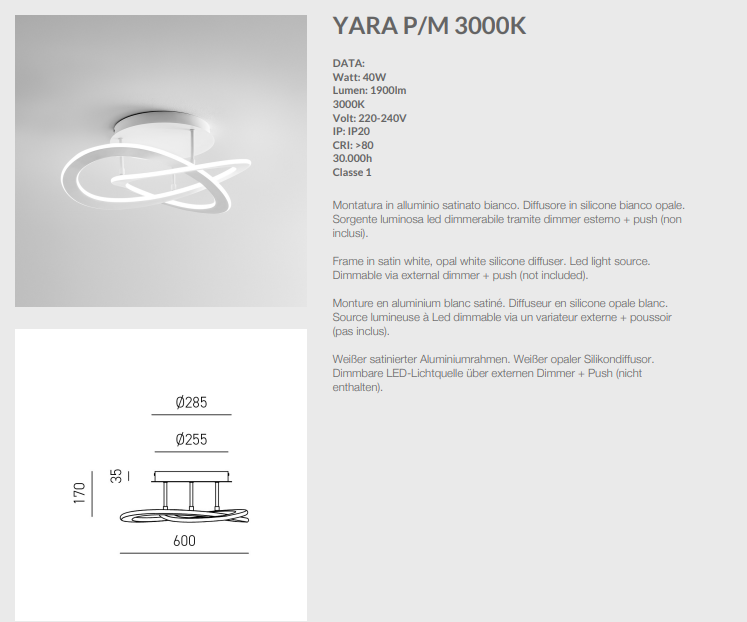 GEALUCE Plafoniera montatura in alluminio satinato bianco. Diffusore in silicone bianco opale. LED YARA