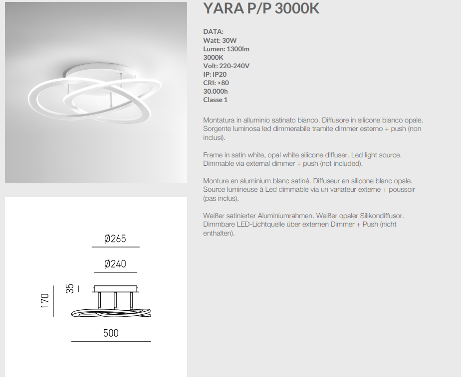 GEALUCE Plafoniera montatura in alluminio satinato bianco. Diffusore in silicone bianco opale. LED YARA