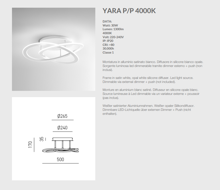 GEALUCE Plafoniera montatura in alluminio satinato bianco. Diffusore in silicone bianco opale. LED YARA