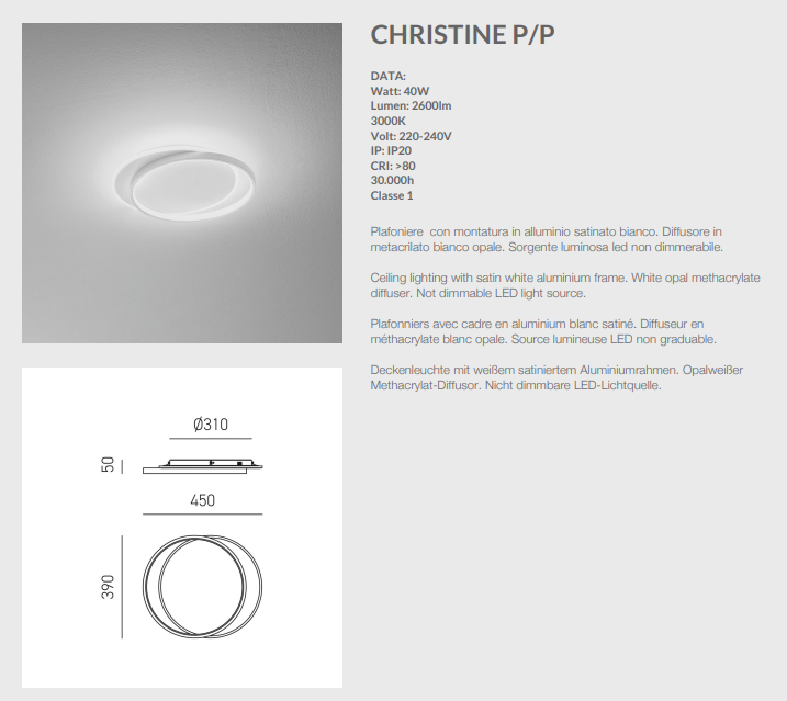 GEALUCE Plafoniera in alluminio satinato bianco. Diffusore in metacrilato bianco opale. LED CHRISTINE