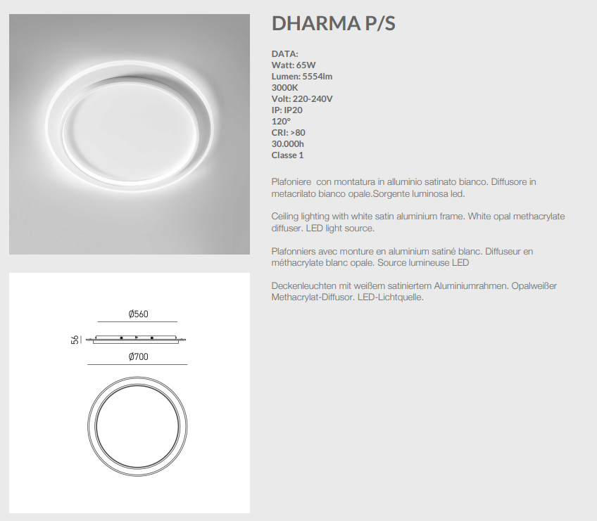 GEALUCE Plafoniera in alluminio satinato bianco. Diffusore in metacrilato bianco opale. LED DHARMA