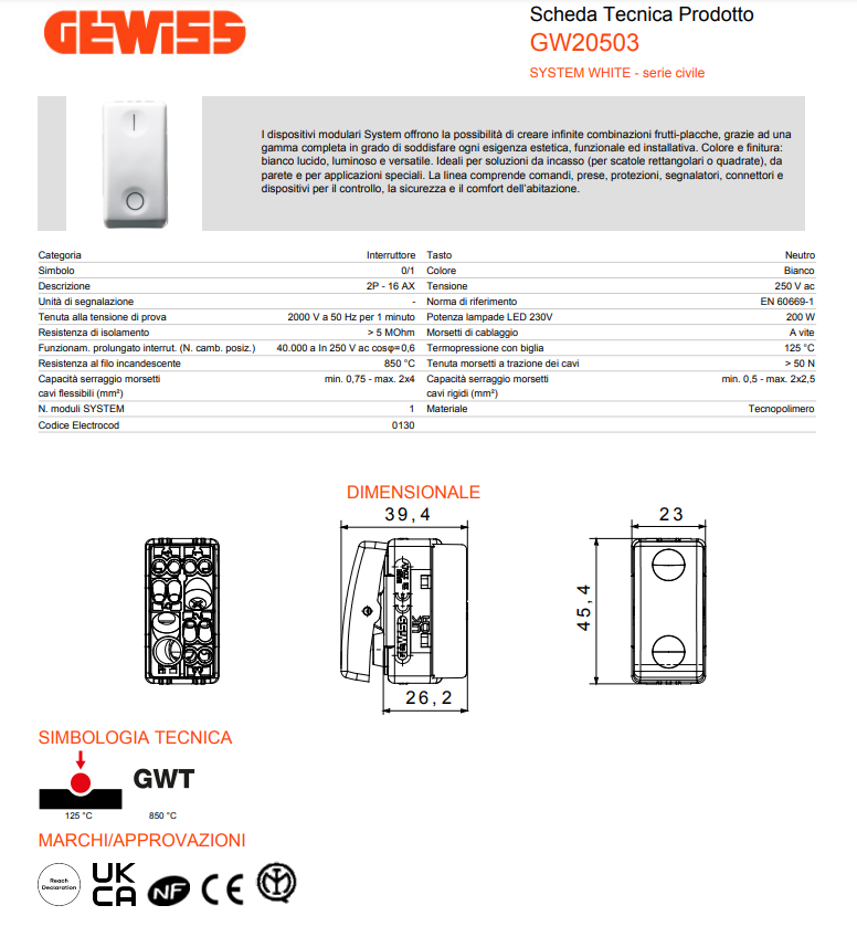 Gewiss System interruttore bipolare 250V ac - 16A GW20503