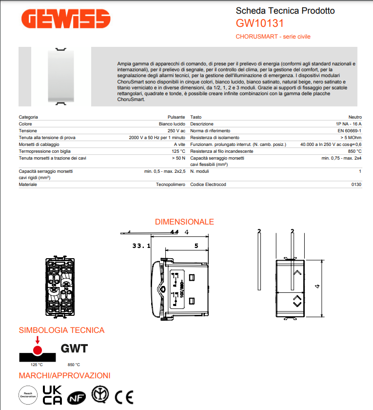 Pulsante unipolare 16A Gewiss Chorusmart 10131 250V