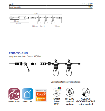 Stringa elettrificata a led per esterno IP65 con cavo in PVC con spina schuko e connettore modulabile 10 metri RGB+CCT 0.50X10W ALEXA-GOOGLE HOME PIC NIC