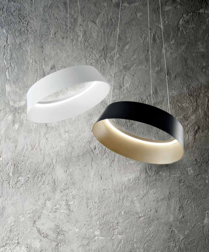 GEALUCE Sospensione montatura in alluminio satinato bianco-nero+oro. Diffusore in silicone bianco opale.LED JULIETTE