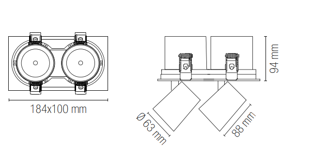 Faretto ad incasso antiriflesso con finitura bianco opaco e bordatura nero interna estraibile e orientabile a 350° INC-OUTSIDER 2 LUCI