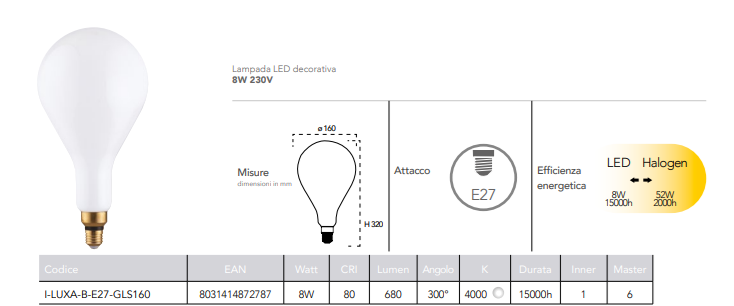 Lampada LED decorativa attacco E27 vetro opale 8W 680 lumen luce natura 4000°k resa 52W 230V