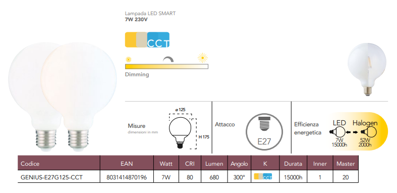 Lampadina LED SMART WIFI globo G125 7W 680 lumen CCT dimmerabile attacco E27 resa 52W 230V