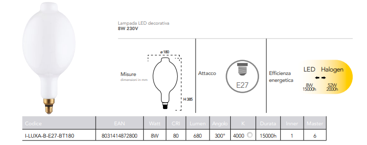 Lampada LED decorativa attacco E27 vetro opale 8W 680 lumen luce natura 4000°k resa 52W 230V