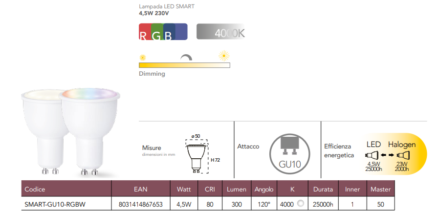 Lampadina LED SMART WIFI CCT RGB dimmerabile 4.5W 300 lumen resa 23W 230V