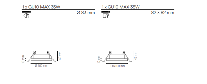 Incasso in gesso verniciabile portalampada GU10 incluso collezione PHANTOM rotondo-quadrato