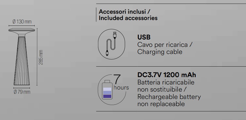 Lampada da tavolo per esterno IP44 ricaricabile in PC finitura bianco o nero led integrato luce calda 3000°k 3.5W 200 lumen BRIO