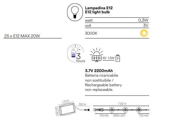 Stringa elettrificata per esterno IP44 con PANNELLO SOLARE cavo in PVC 7.62 metri lampade E12 incluse 3000°k PICNIC