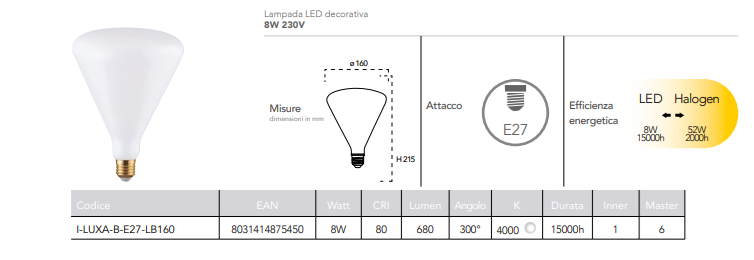 Lampada LED decorativa attacco E27 vetro opale 8W 680 lumen luce natura 4000°k resa 52W 230V