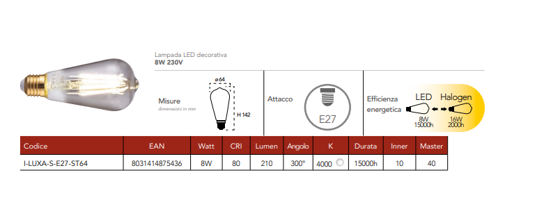 Lampadina LED decorativa attacco E27 fumè 8W 150 lumen luce calda 1800°k 240V