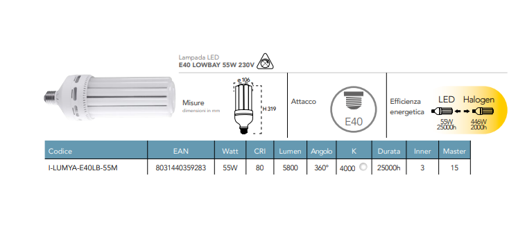 Lampadina LED tubolare industriale attacco E40 55W 5800 lumen luce natura 4000°k