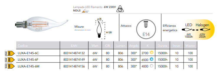 Lampadina LED filamento attacco E14 colpo di vento soffio 6W 806 lumen resa 62W 230V