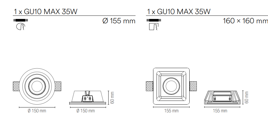 Incasso in gesso verniciabile orientabile da integrare nel cartongesso portalampada Gu10 incluso collezione MORGANA rotondo-quadrato-doppio