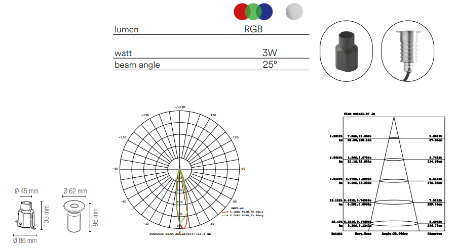 Incasso immersione IP68 per fontane in acciaio inox 316 silver RGB full color 3W