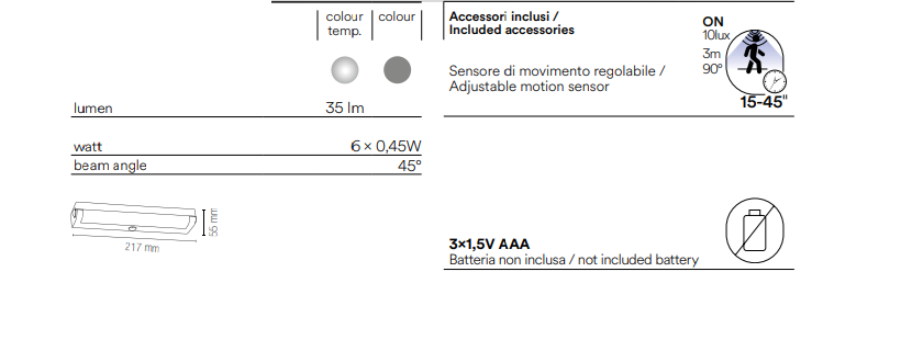 Barra sottopensile led integrato 4000°k 35lm a batterie policarbonato silver con sensore di movimento collezione SONAR