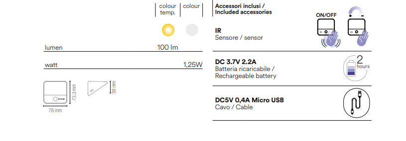 Lampada sottopensile led integrato 3000°k con sensore IR ricaricabile USB finitura bianco collezione AURIKA