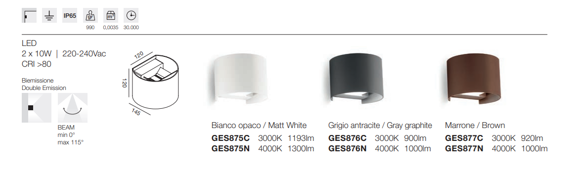 GEALUCE applique in alluminio bianco-antracite-marrone diffusore vetro LED 2X10W