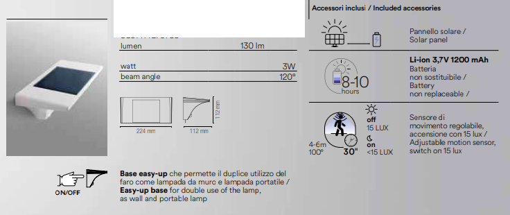 Applique per esterno IP54 led in termoplastica bianco con SENSORE DI MOVIMENTO  e PANNELLO SOLARE luce natura 4000°k 3W 130LM SKYP