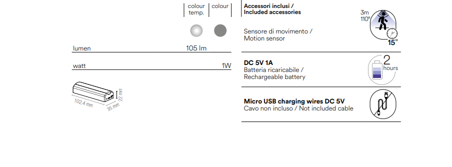 Lampada sottopensile led integrato 4000°k con sensore di movimento in policarbonato ricaricabile USB 1W 105lm finitura silver collezione CLOSET