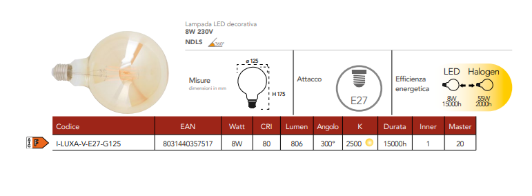 Lampada LED decorativa attacco E27 globo G125 ambra 8W 806 lumen luce calda 2500°k resa 55W230V