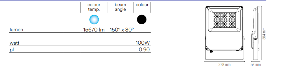 Proiettore per esterno IP66 in alluminio nero diffusore in vetro luce fredda 6000°k 100W 15670LM GIOVE