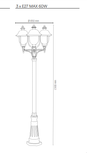 Palo per esterno IP44 in alluminio rame diffusore policarbonato 3 lampade 3XE27 non incluse VENEZIA