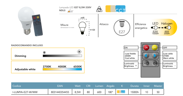 Lampadina LED con telecomando per regolazione luce CCT dimmerabile attacco E27 8.5W 600 lumen 230V