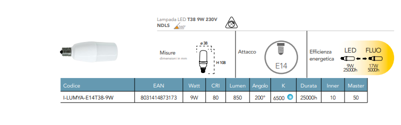 Lampadina LED tubolare attacco E14 9W 850 lumen luce fredda 6500°k