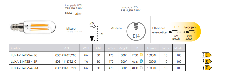 Lampadina LED filamento attacco E14 tubolare 4W 470 lumen resa 36W