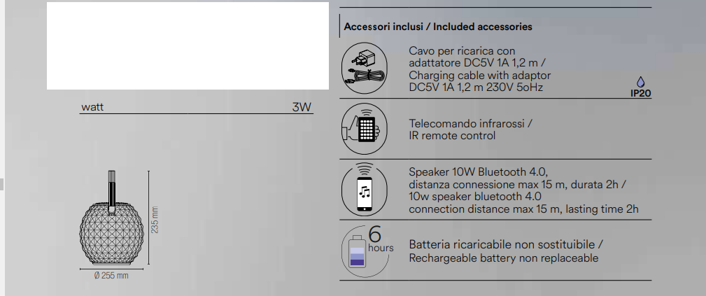 Lampada da tavolo per esterno/interno LED IP44 RGB+W in polietilene con speaker bluetooth incorporato 3W 180 lumen GECO DJ