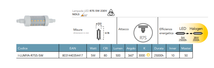 Lampadina LED lineare attacco R7S 78mm 5W 500 lumen luce calda 3000°k resa 38W 230V