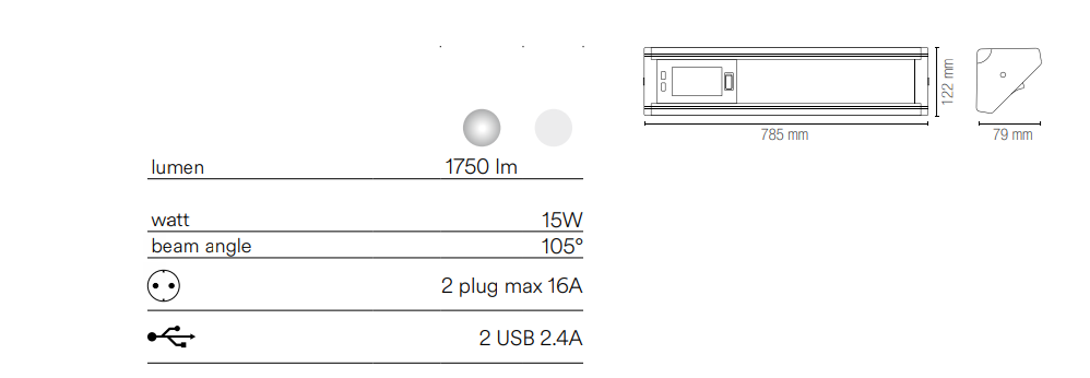 Barra sottopensile angolare con prese in alluminio led integrato 4000°k con diffusore in PC collezione HABILIS