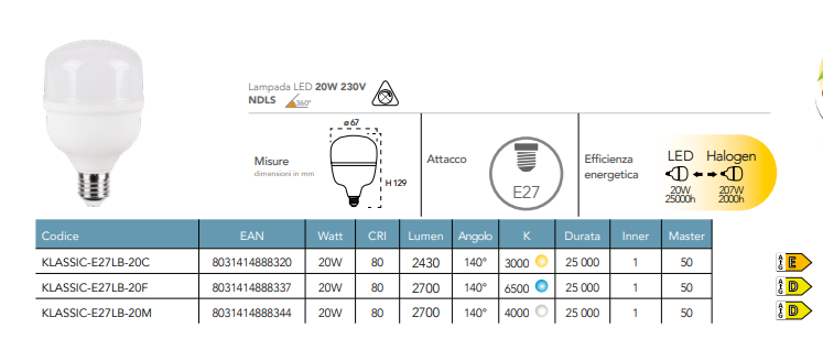 Lampada LED industriale attacco E27 20W 2700 lumen