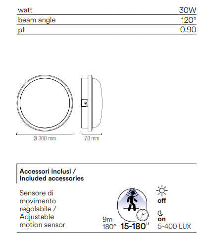 Plafoniera per esterno IP65 con SENSORE DI MOVIMENTO base e diffusore in policarbonato bianco , silver led integrato 28W 4000°k 3750 lm EVER XL