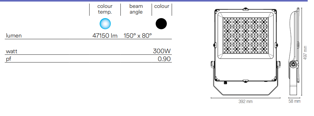 Proiettore led per esterno IP66 alluminio nero diffusore vetro luce fredda 6000°k 300W 47150LM GIOVE