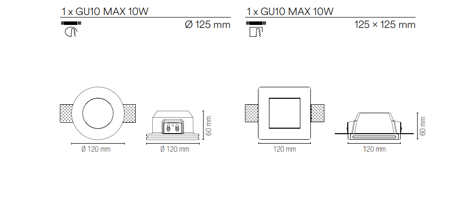 Incasso in gesso verniciabile con diffusore in vetro satinato da integrare nel cartongesso portalampada GU10 incluso collezione SNOW rotondo-quadrato