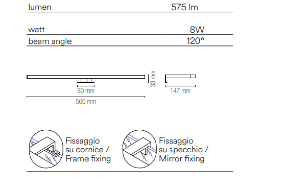 Applique da specchio con struttura in termoplastica led integrato e diffusore in acrilico con fissaggio su cornice o su specchio 8W 575lm 4000°k collezione RIVA