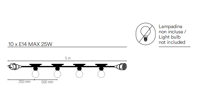 Stringa elettrificata per esterno IP44 bianco o nero 10XE14 non incluse 5 metri cavo in gomma con spina schuko e connettore modulabile PICNIC