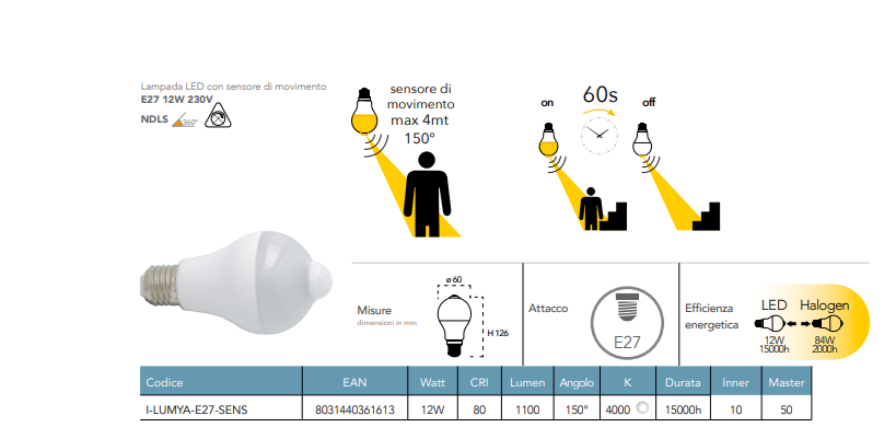 Lampadina LED attacco E27 con sensore di movimento max 4 mt autonomia 60 secondi 12W 1100 lumen luce natura 4000°k 230V