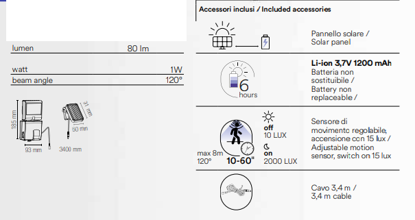 Proiettore in termoplastica nero con SENSORE DI MOVIMENTO e PANNELLO SOLARE led luce fredda 1W 80LM COSMO